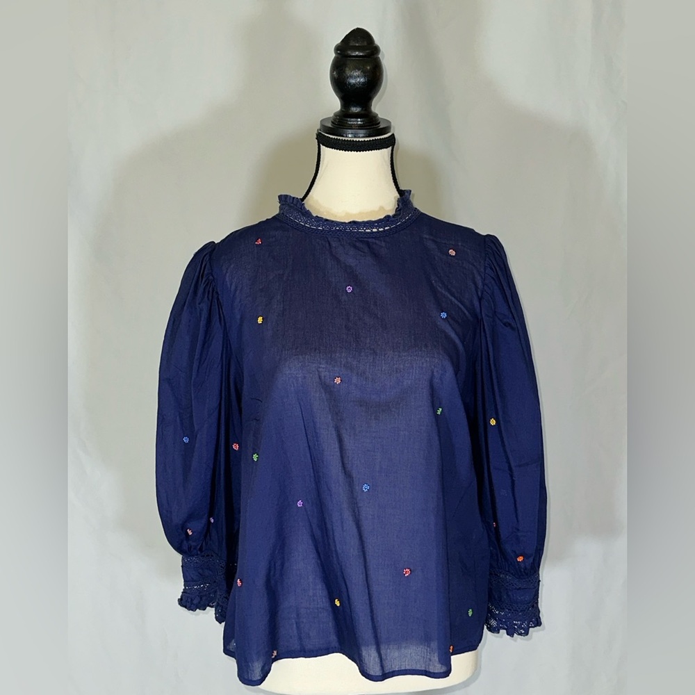 Farm Rio Embroidered Beaded Flowers Blouse With Puff Sleeves Women’s Size Lg - Picture 2 of 12